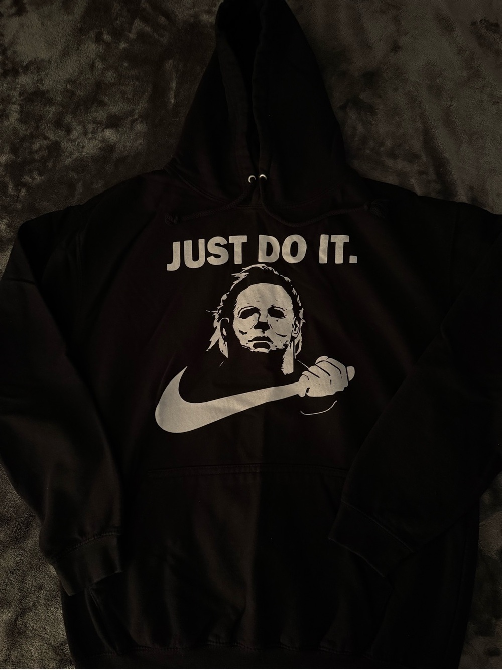 Michael Myers Black Hoodie with White 'Just Do It.' Graphic